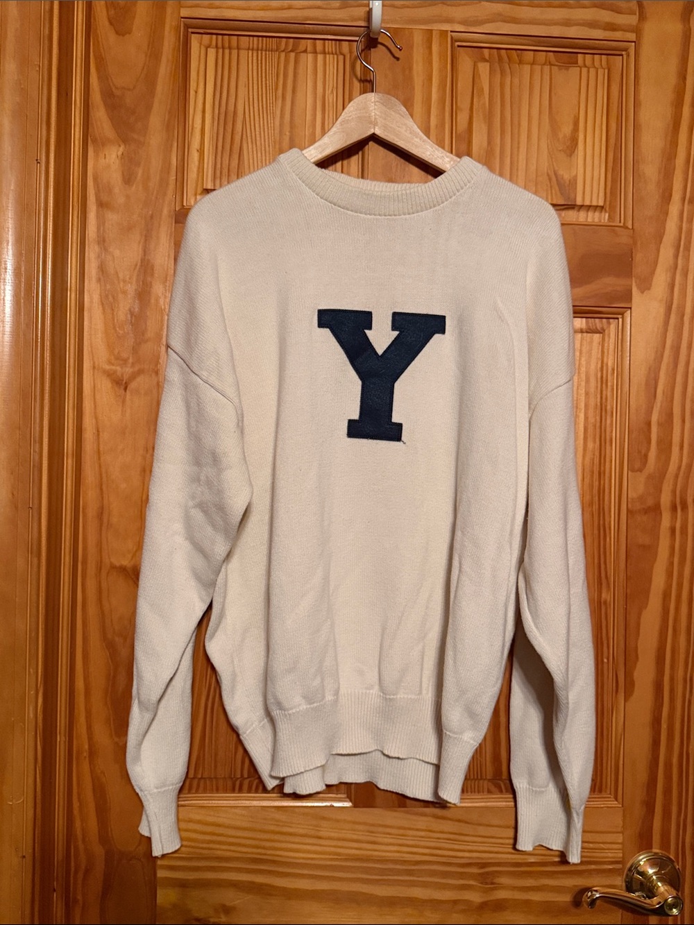 Cream Crewneck Sweater with Navy Letter Patch